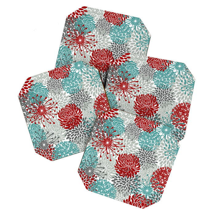 Festive, Flowers in Red, Teal and Gray Coaster Gallery Image 1