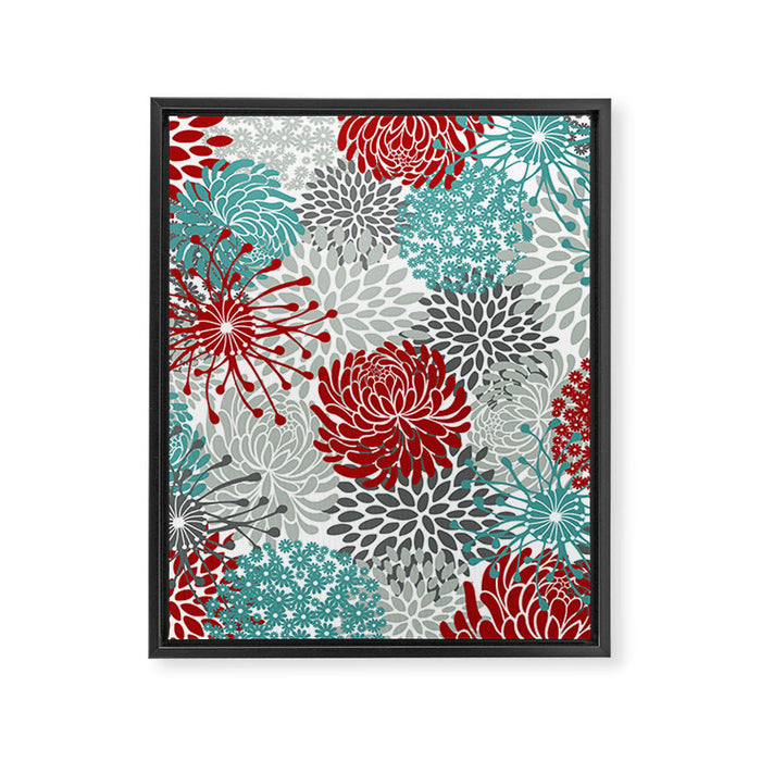 Festive, Flowers in Red, Teal and Gray Framed Canvas Print Gallery Image 1