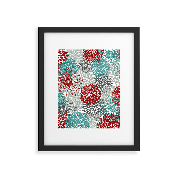 Festive, Flowers in Red, Teal and Gray Framed Art Print Gallery Image 1