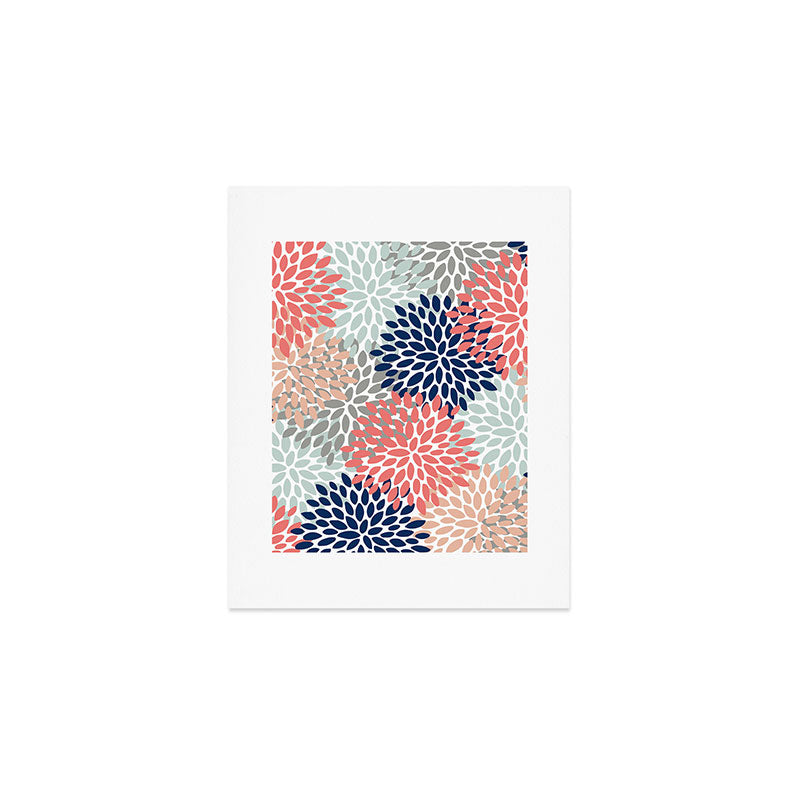 Festive, Flowers Print, Blue, Coral, Aqua, Gray Art Print Gallery Image 1