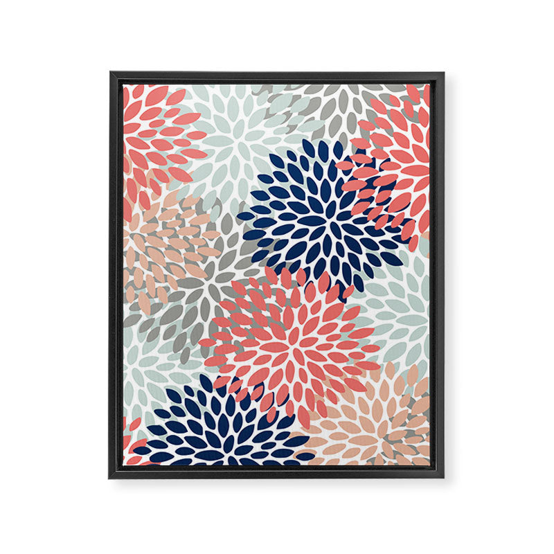 Festive, Flowers Print, Blue, Coral, Aqua, Gray Framed Canvas Print Gallery Image 8