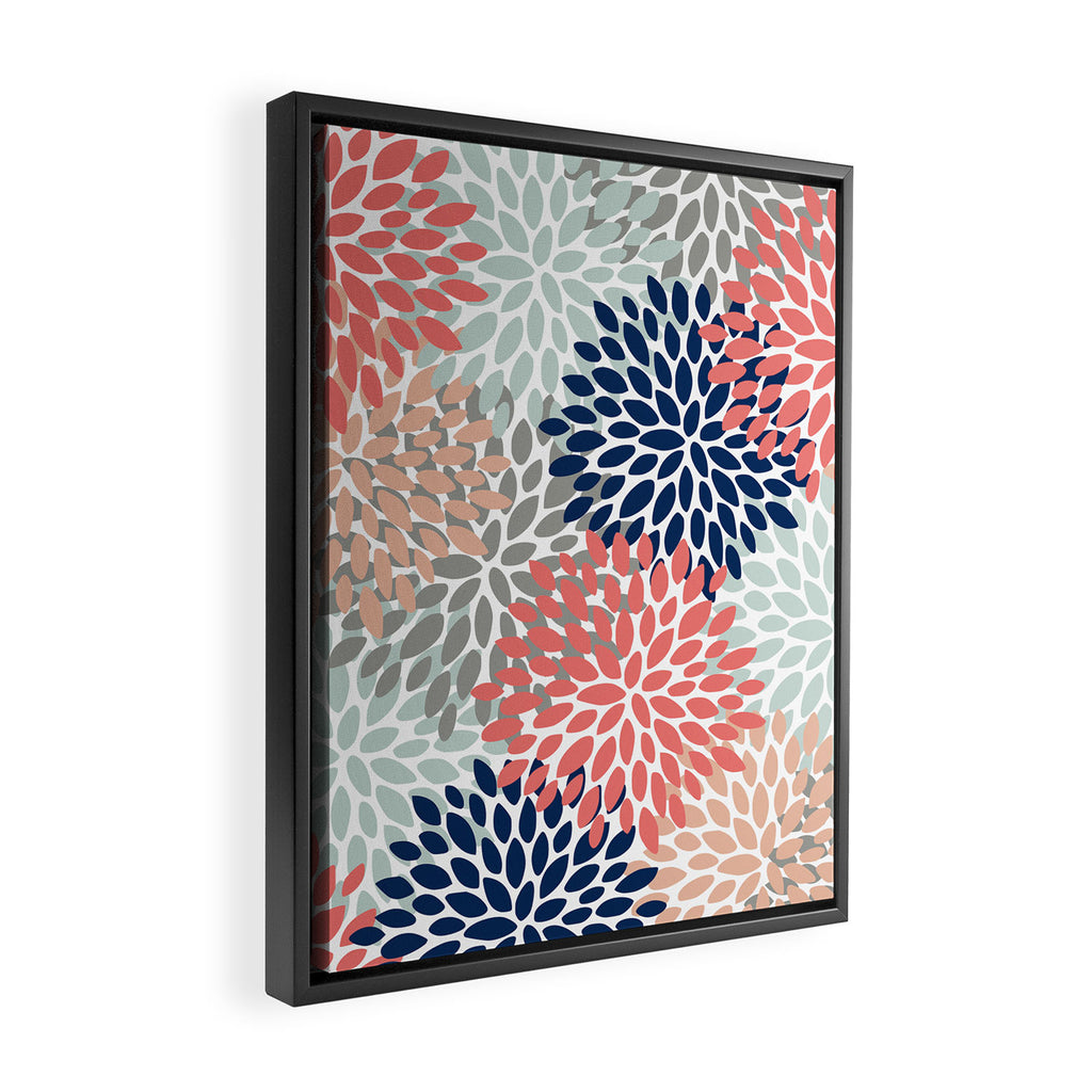 Festive, Flowers Print, Blue, Coral, Aqua, Gray Framed Canvas Print Gallery Image 2