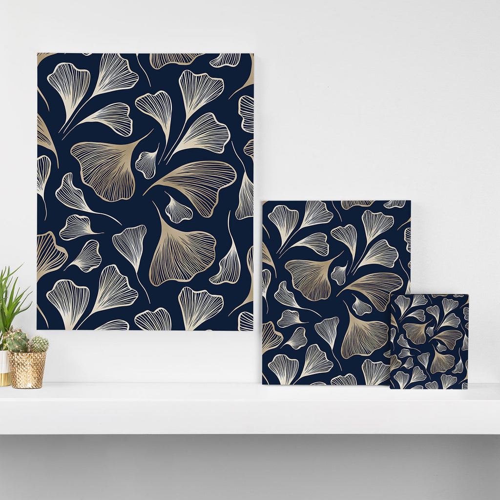 Festive, Gingko Leaves, Floral Prints, Navy Blue Canvas Print Gallery Image 3
