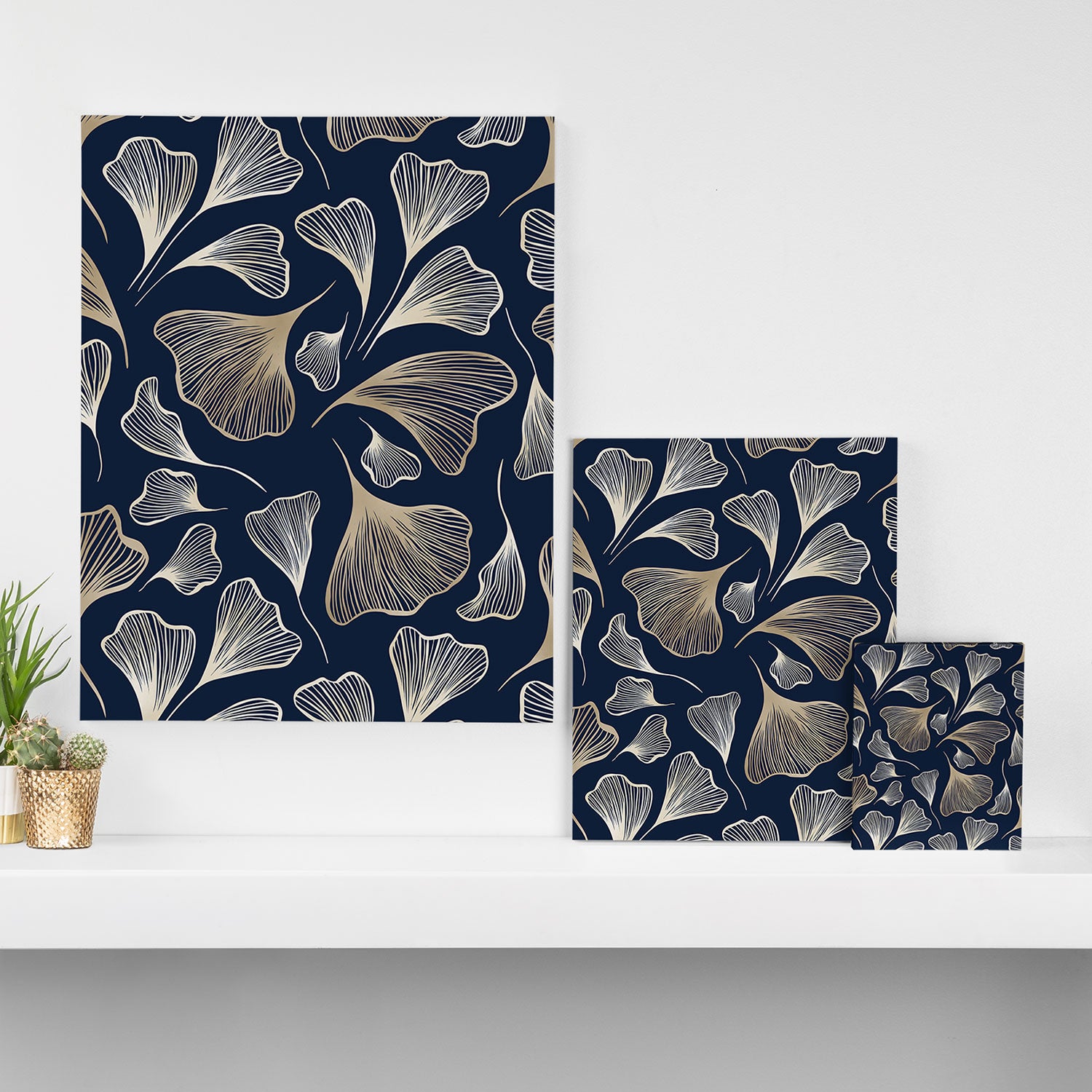 Festive, Gingko Leaves, Floral Prints, Navy Blue Canvas Print Gallery Image 3