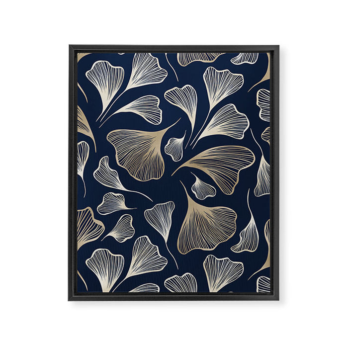 Festive, Gingko Leaves, Floral Prints, Navy Blue Framed Canvas Print Gallery Image 1