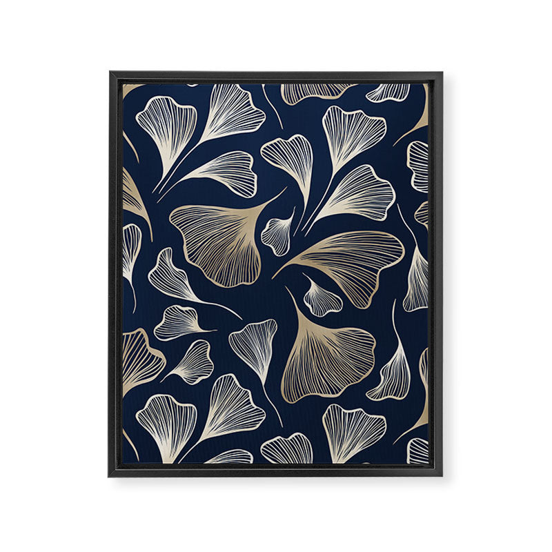 Festive, Gingko Leaves, Floral Prints, Navy Blue Framed Canvas Print Gallery Image 8