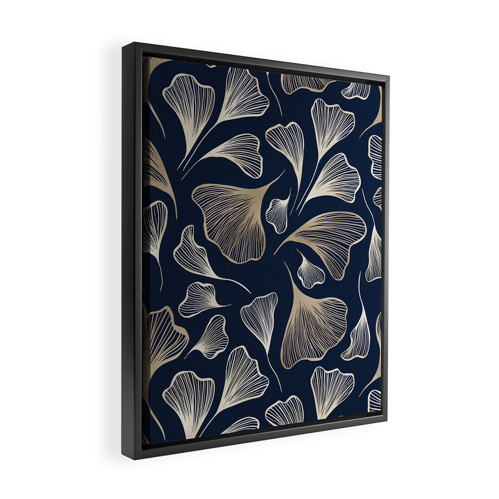 Festive, Gingko Leaves, Floral Prints, Navy Blue Framed Canvas Print Gallery Image 2