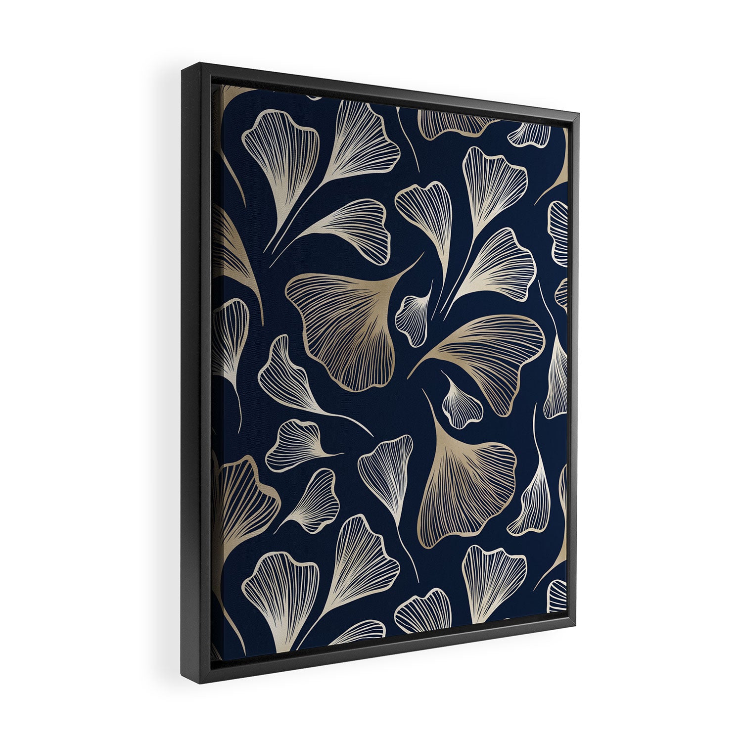 Festive, Gingko Leaves, Floral Prints, Navy Blue Framed Canvas Print Gallery Image 2