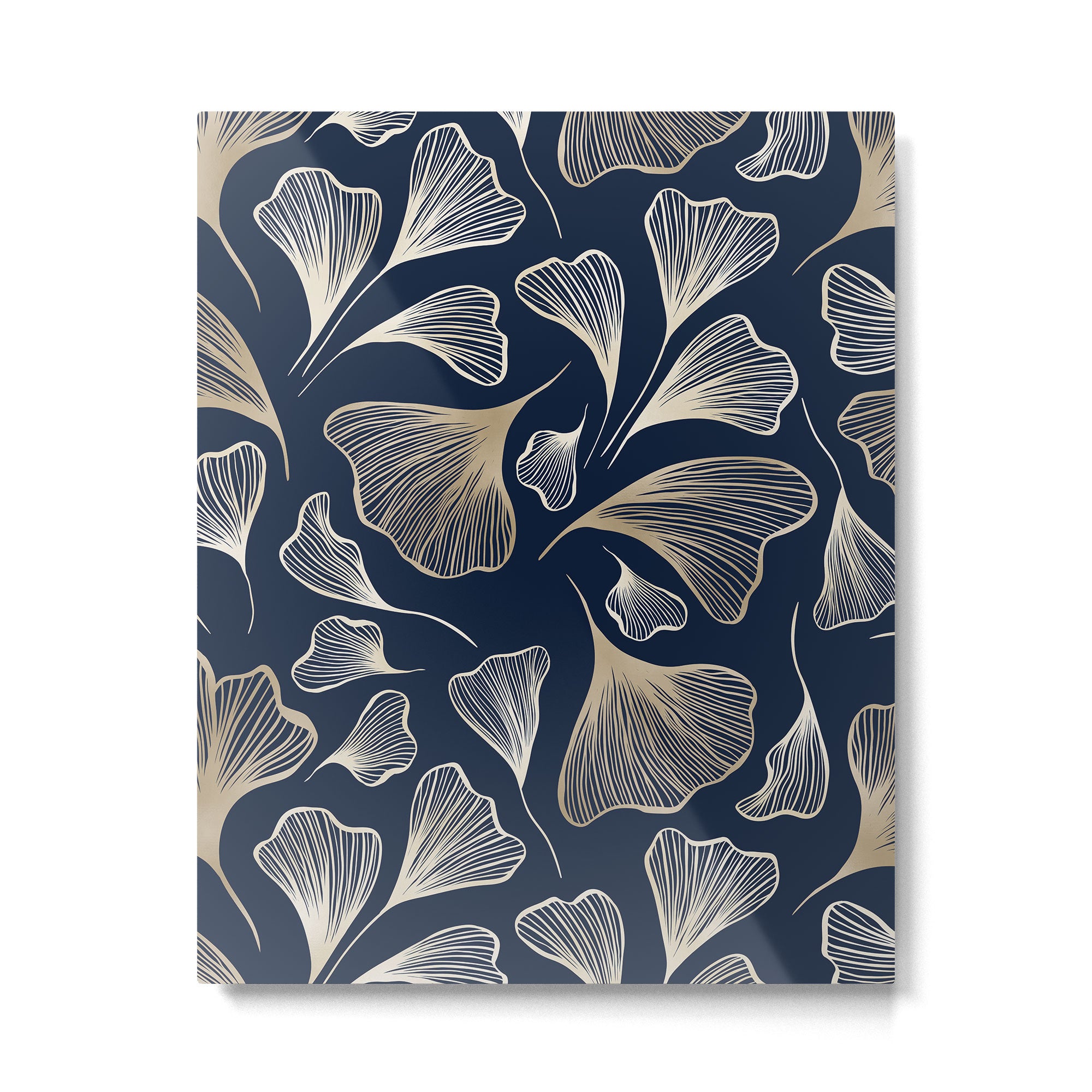 Festive, Gingko Leaves, Floral Prints, Navy Blue Metal Print Gallery Image 6