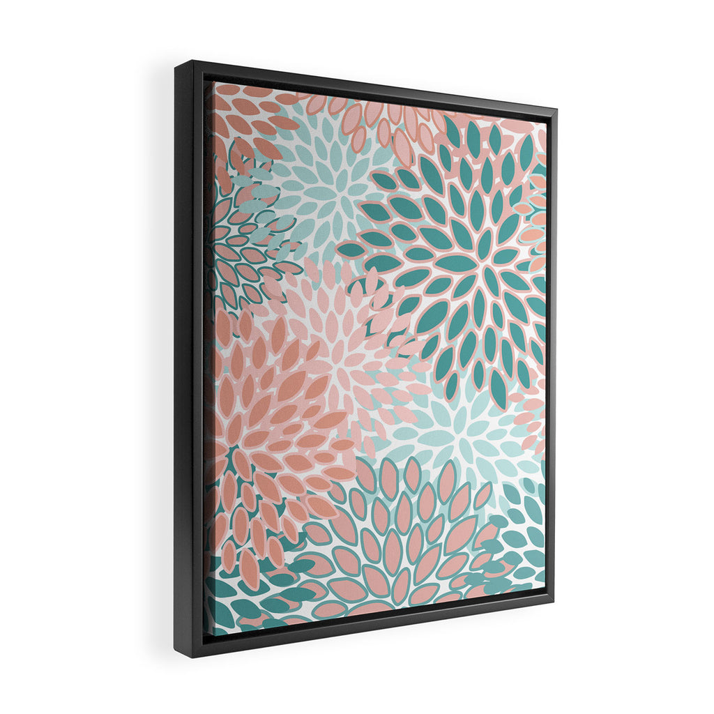 Festive, Modern, Floral Prints, Teal and Coral Framed Canvas Print Gallery Image 2