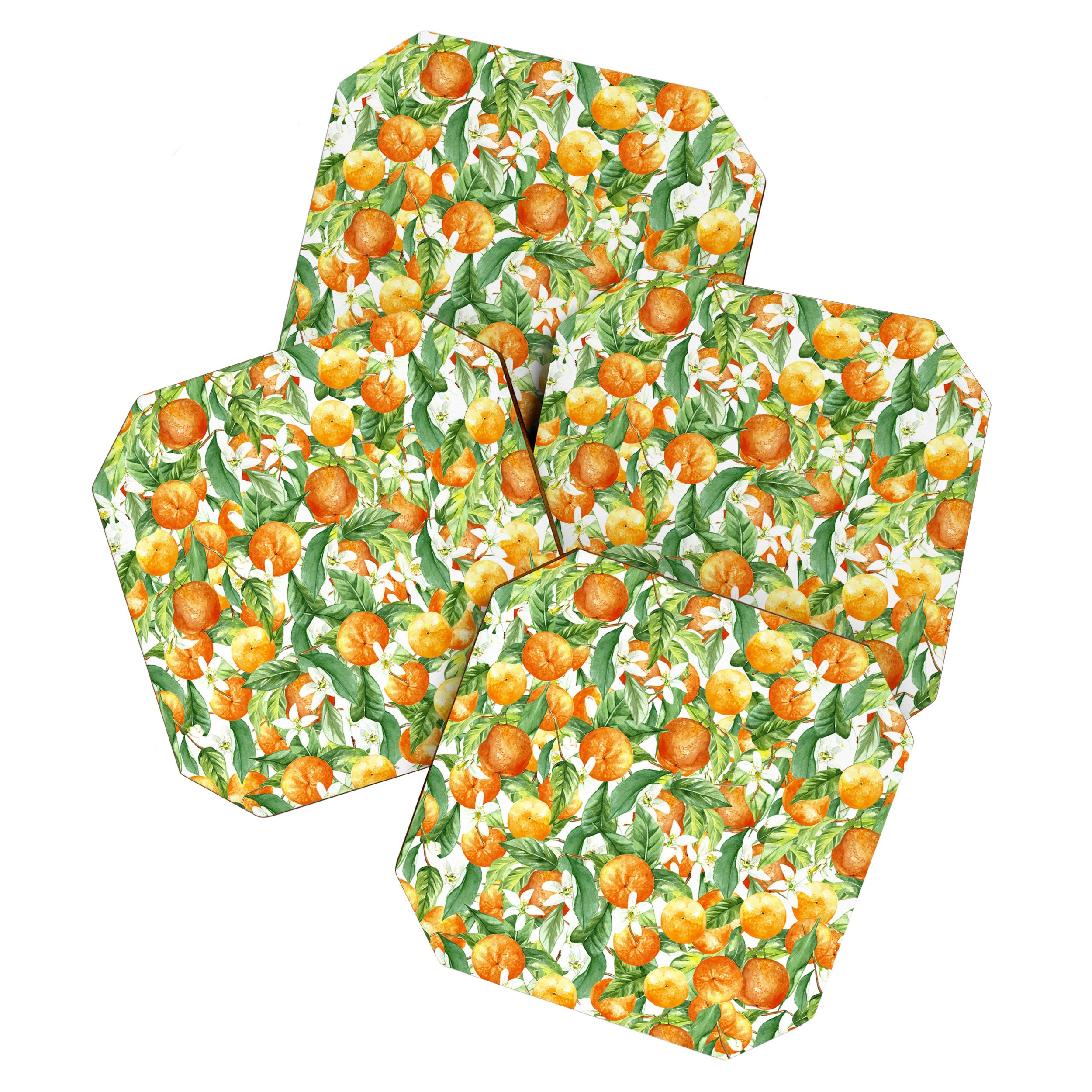 Festive, Oranges, Floral Prints, Orange and Green, Watercolor Coaster Gallery Image 1