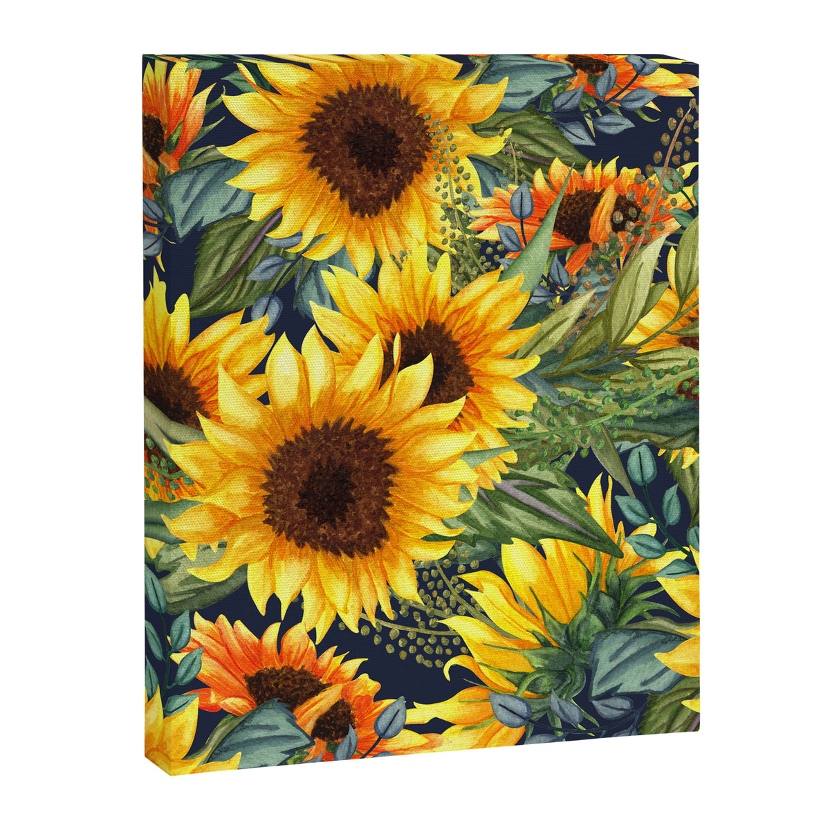 Festive, Sunflower, Yellow and Green on Navy Blue, Floral Prints Canvas Print Gallery Image 8