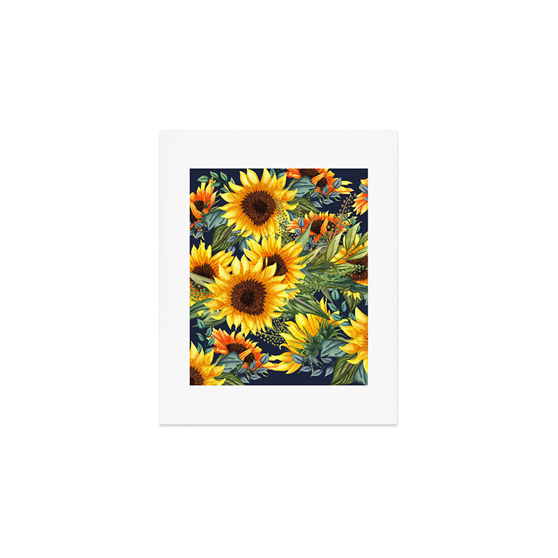 Festive, Sunflower, Yellow and Green on Navy Blue, Floral Prints Art Print Gallery Image 1