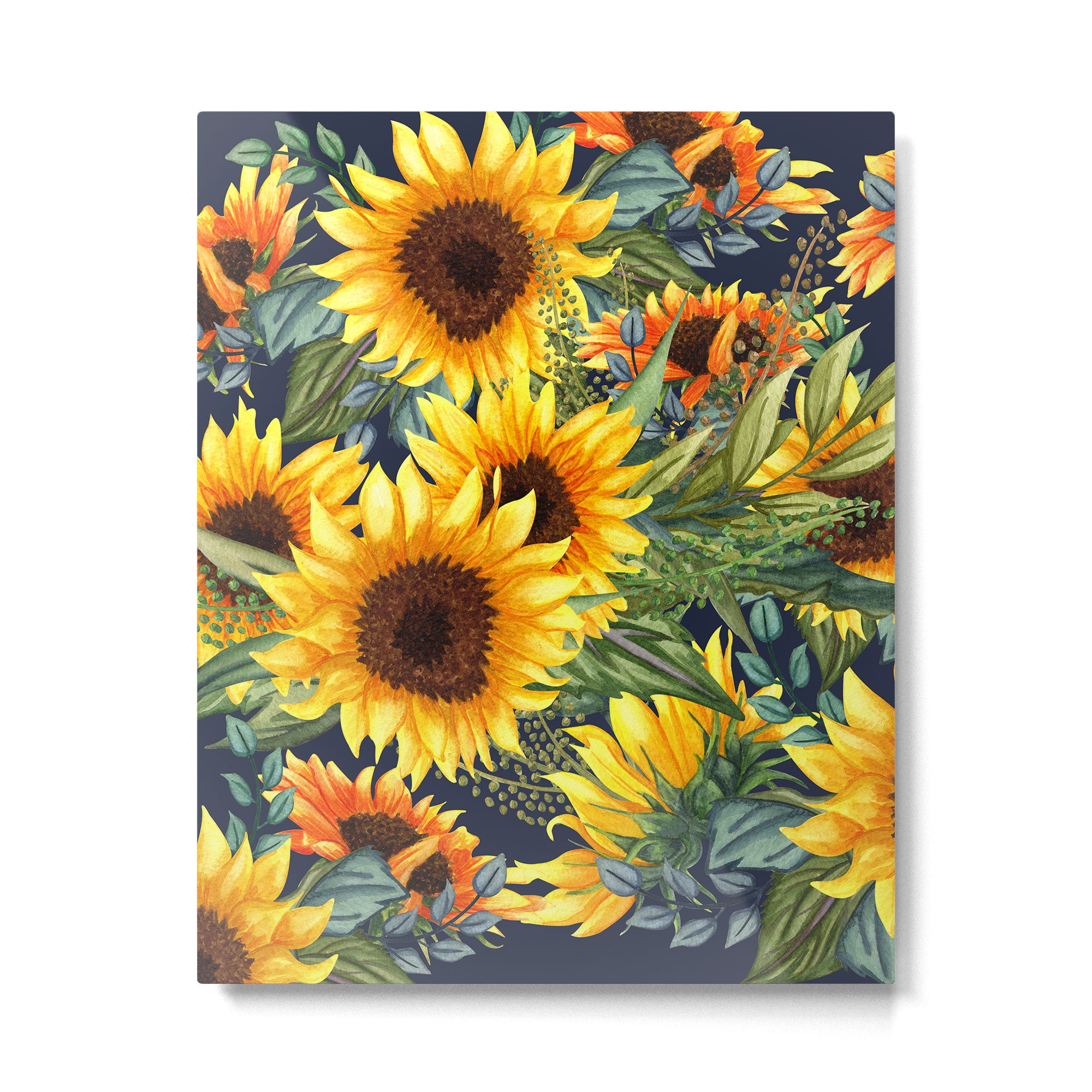Festive, Sunflower, Yellow and Green on Navy Blue, Floral Prints Metal Print Gallery Image 6