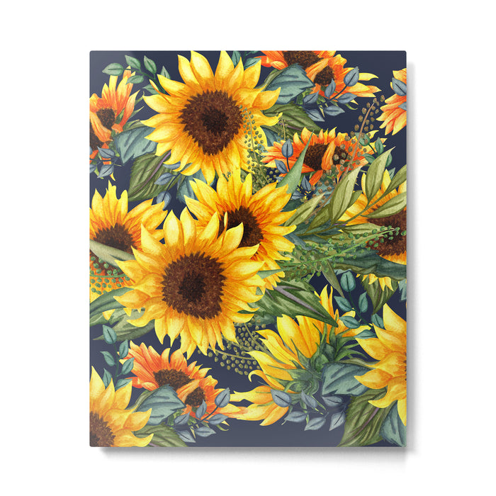Festive, Sunflower, Yellow and Green on Navy Blue, Floral Prints Metal Print Gallery Image 1