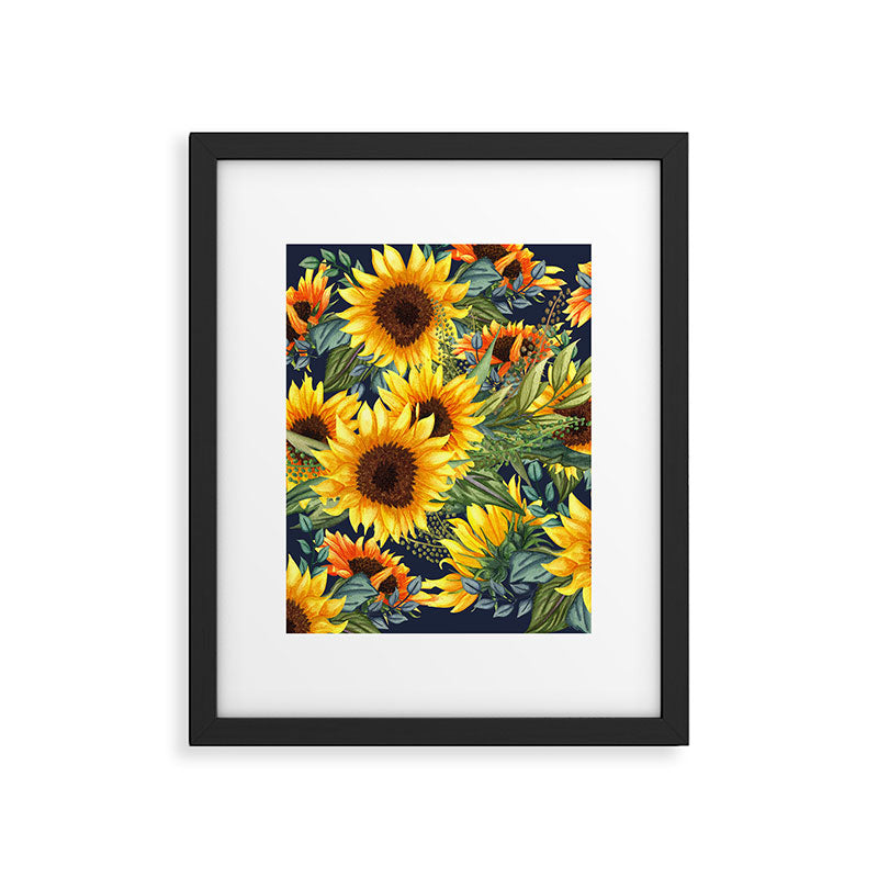 Festive, Sunflower, Yellow and Green on Navy Blue, Floral Prints Framed Art Print Gallery Image 4