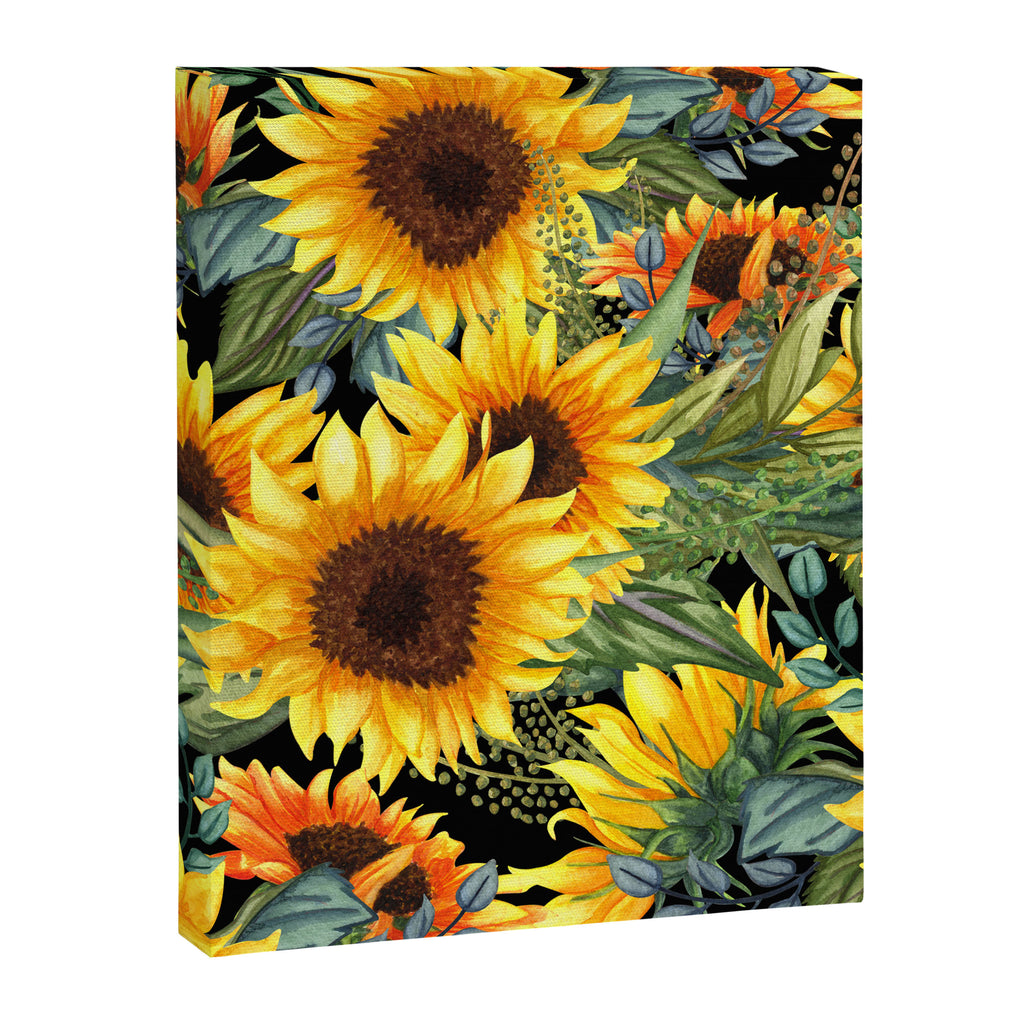 Festive, Sunflowers, Yellow and Green on Black Canvas Print Gallery Image 8