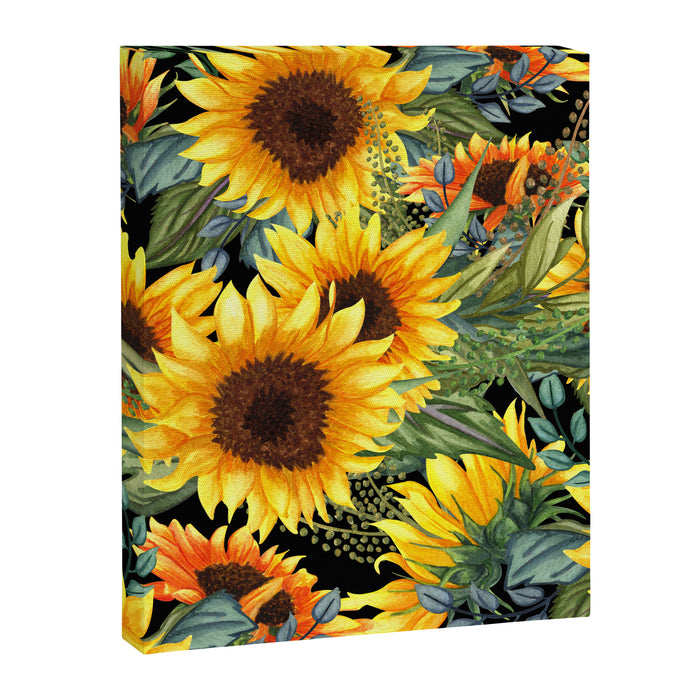 Festive, Sunflowers, Yellow and Green on Black Canvas Print Gallery Image 1