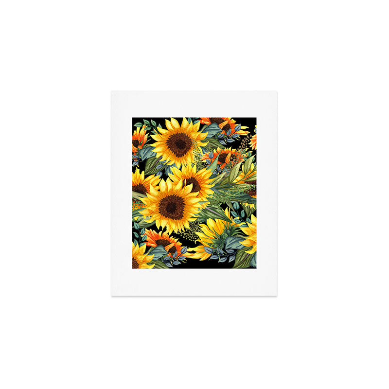 Festive, Sunflowers, Yellow and Green on Black Art Print Gallery Image 1
