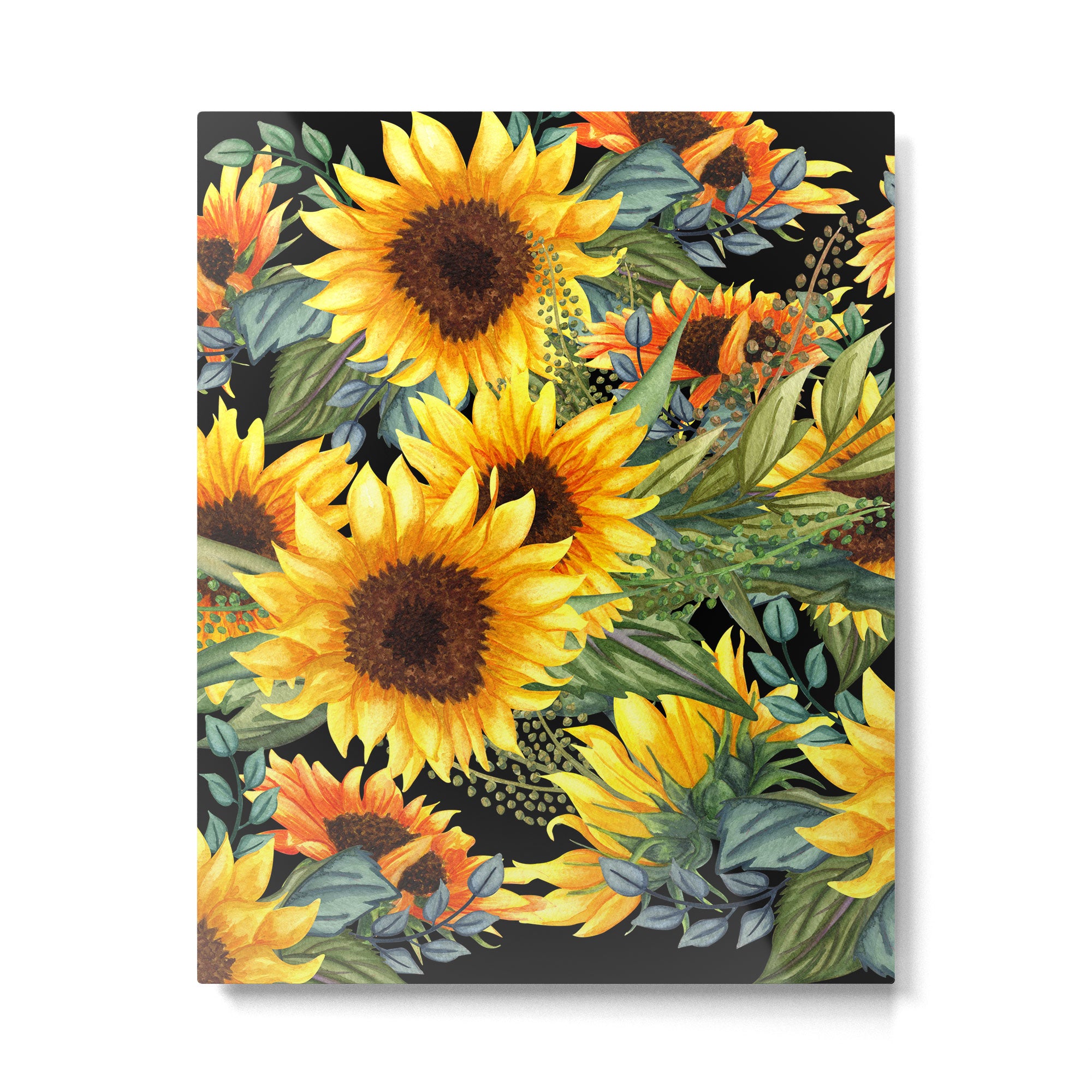 Festive, Sunflowers, Yellow and Green on Black Metal Print Gallery Image 6