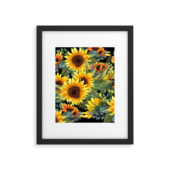 Festive, Sunflowers, Yellow and Green on Black Framed Art Print Gallery Image 1