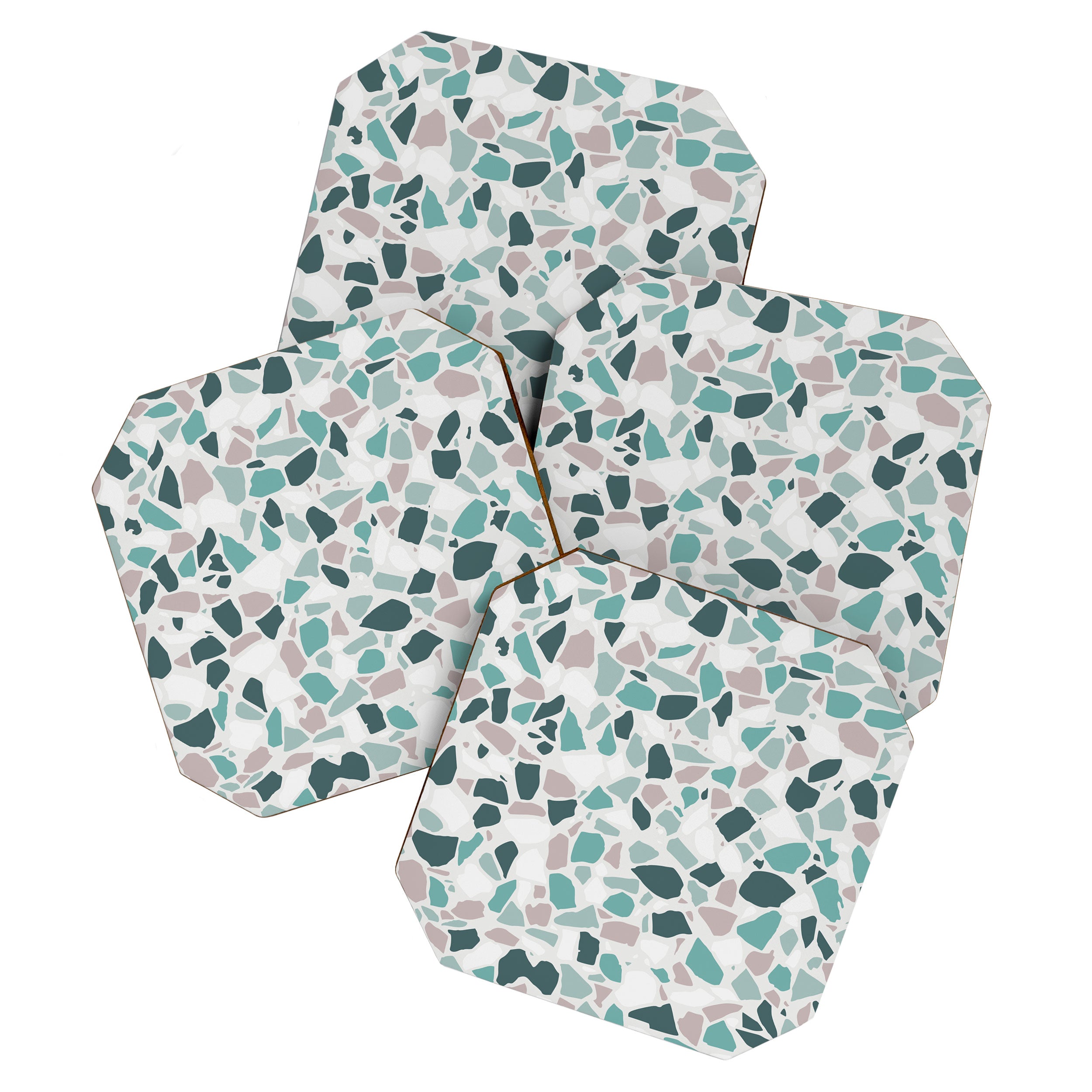 Festive, Terrazzo Mosaic Pattern, Teal, Green, Sage, Dusky Pink Coaster Gallery Image 1