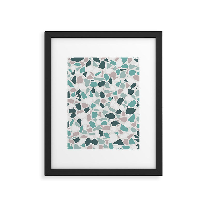 Festive, Terrazzo Mosaic Pattern, Teal, Green, Sage, Dusky Pink Framed Art Print Gallery Image 6