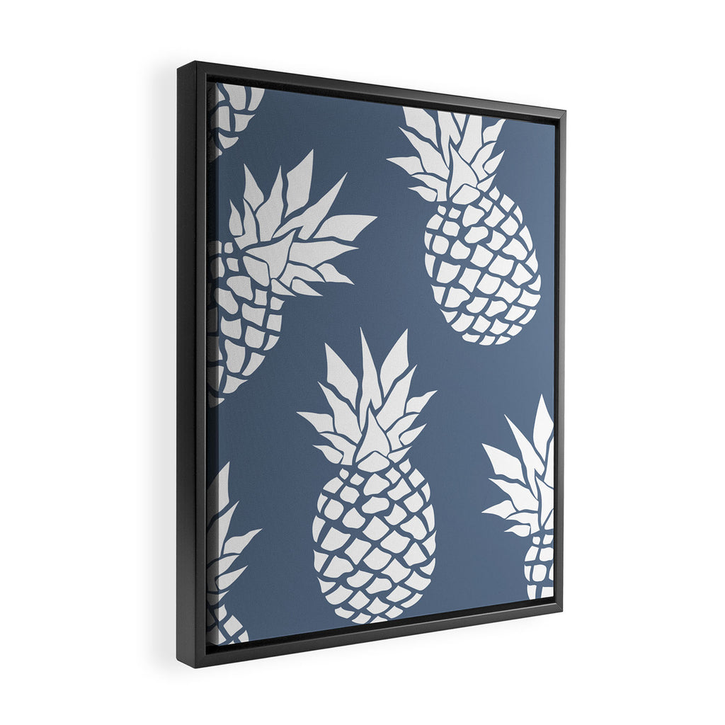 Festive, Tropical, Pineapples, Blue and White Framed Canvas Print Gallery Image 2