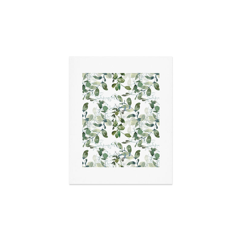 Festive, Watercolor, Leaves Print, White and Green Art Print Gallery Image 1
