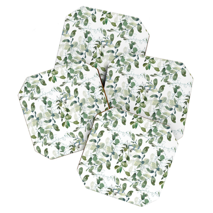 Festive, Watercolor, Leaves Print, White and Green Coaster Gallery Image 1