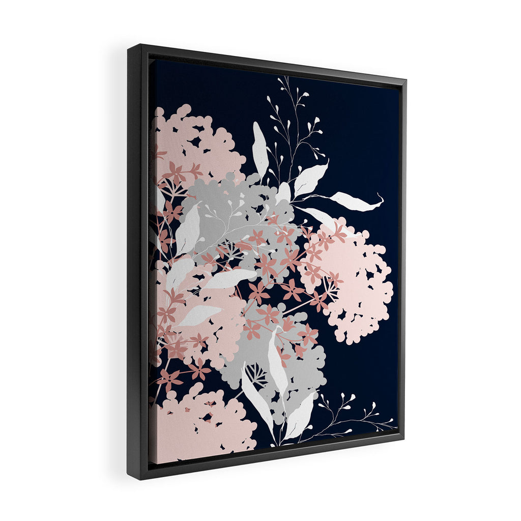 Festive, Wildflowers, Floral Print, Navy Blue and Pink Framed Canvas Print Gallery Image 2