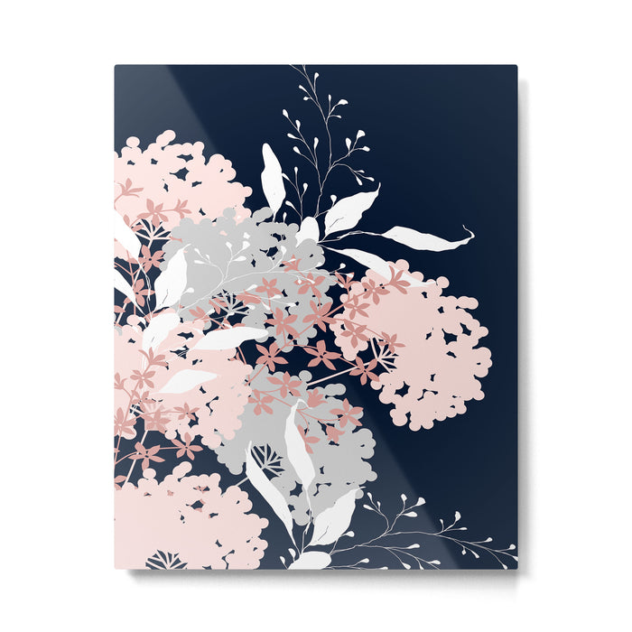 Festive, Wildflowers, Floral Print, Navy Blue and Pink Metal Print Gallery Image 1