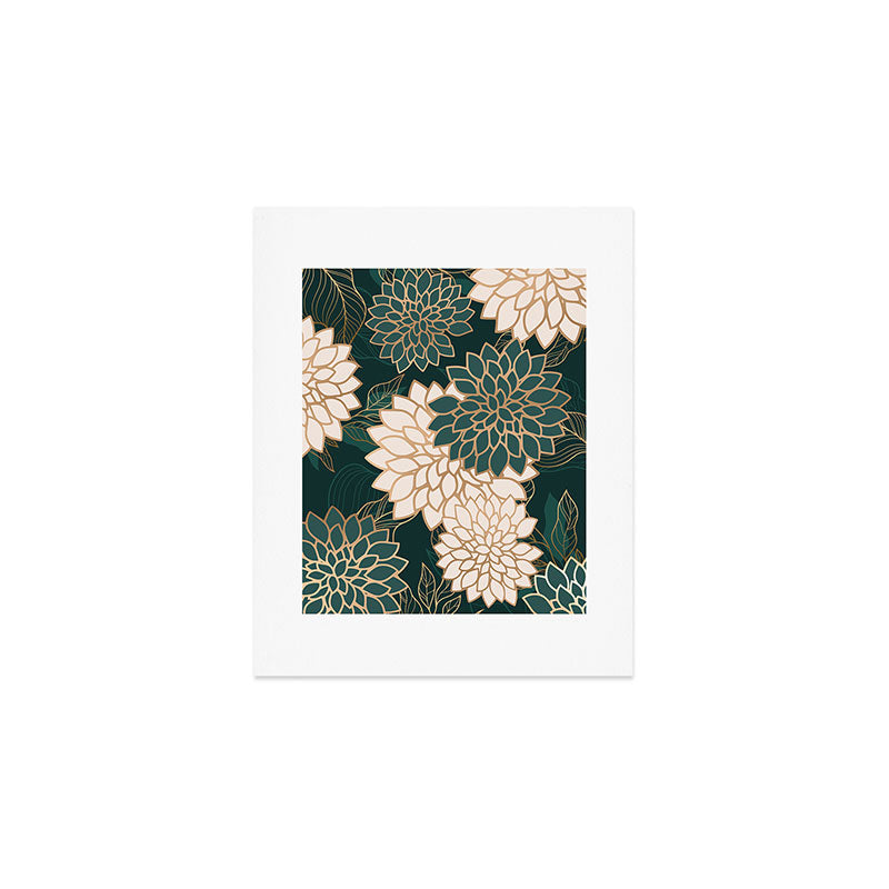 Floral Aesthetic in Dark Teal Green, Ivory and Gold Art Print Gallery Image 1