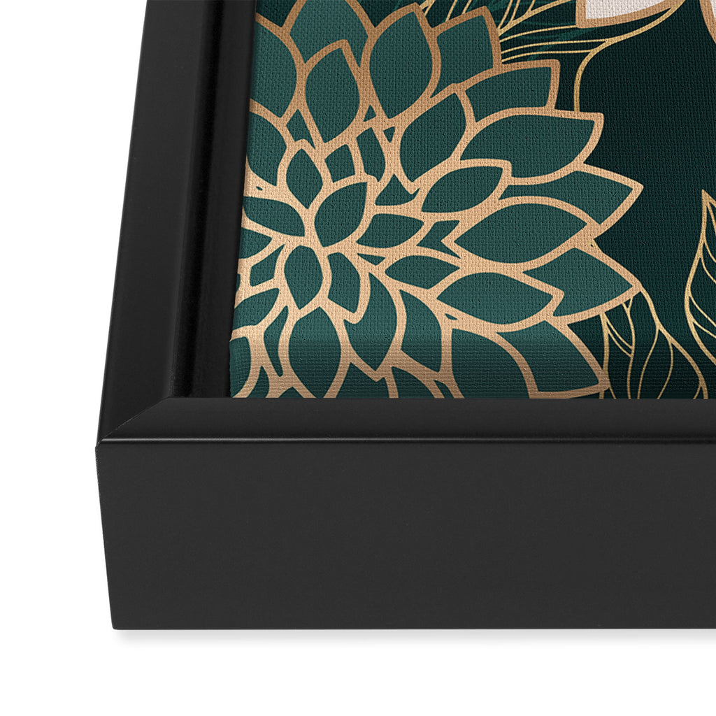 Floral Aesthetic in Dark Teal Green, Ivory and Gold Framed Canvas Print Gallery Image 3