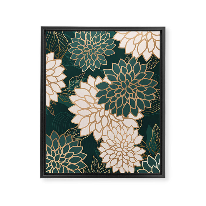 Floral Aesthetic in Dark Teal Green, Ivory and Gold Framed Canvas Print Gallery Image 1