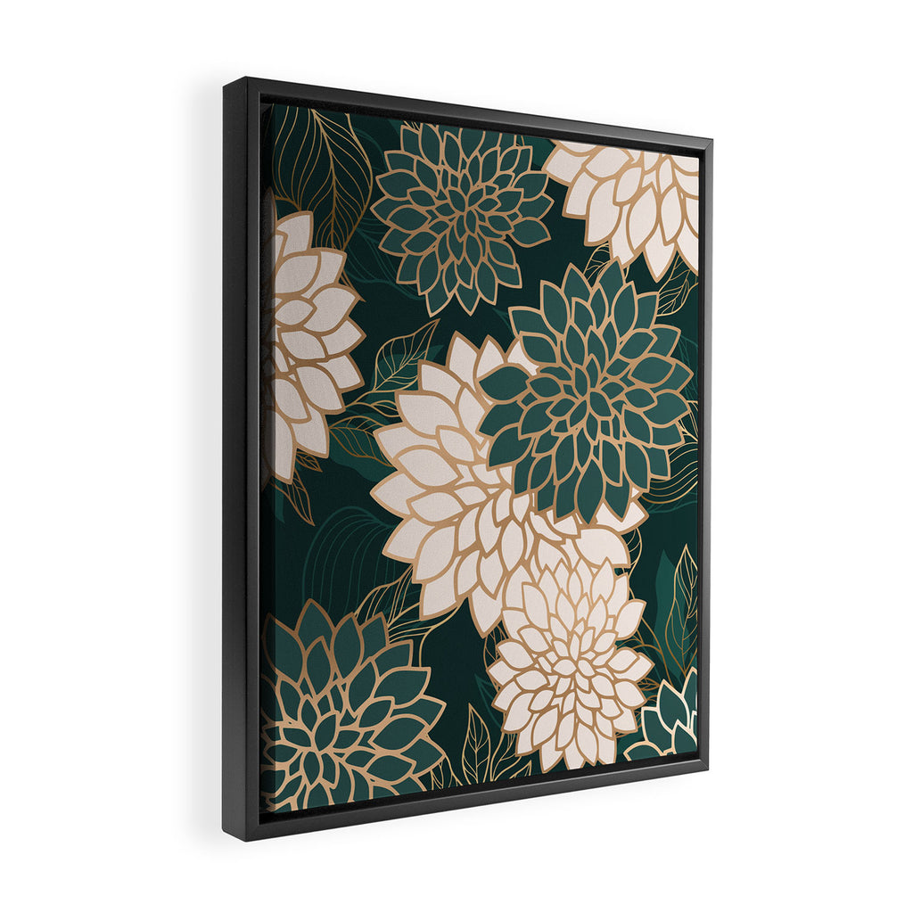 Floral Aesthetic in Dark Teal Green, Ivory and Gold Framed Canvas Print Gallery Image 2
