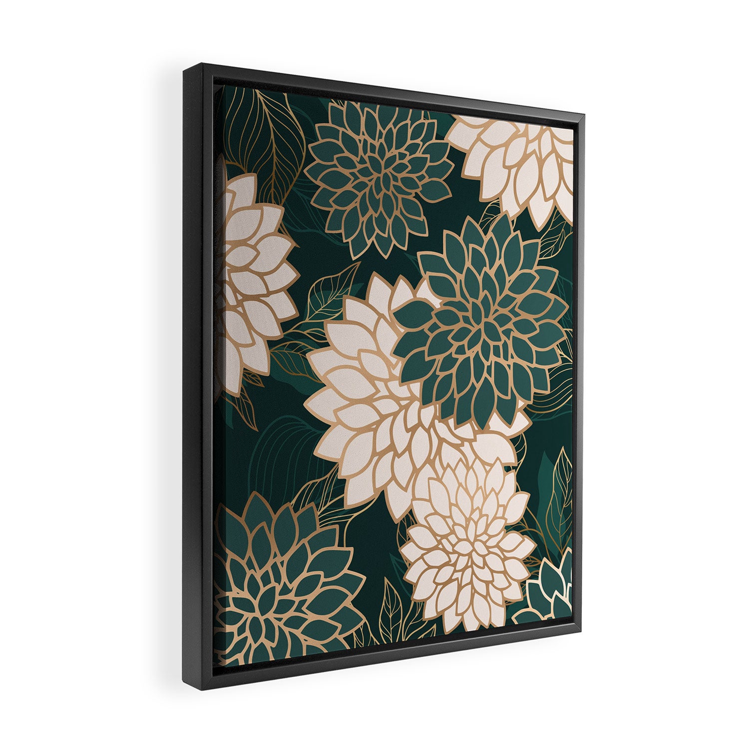 Floral Aesthetic in Dark Teal Green, Ivory and Gold Framed Canvas Print Gallery Image 2