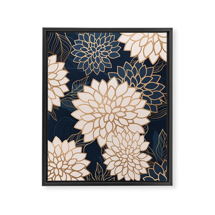 Floral Aesthetic in Navy, Blue, Ivory and Gold Framed Canvas Print Gallery Image 1