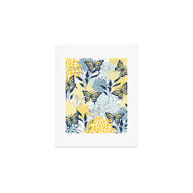 Floral and Butterflies Print, Blue and Yellow Art Print Gallery Image 1