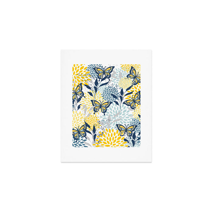 Floral and Butterflies Print, Blue and Yellow Art Print Gallery Image 1