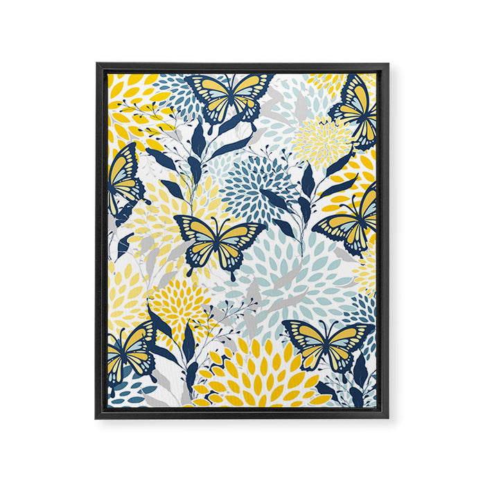 Floral and Butterflies Print, Blue and Yellow Framed Canvas Print Gallery Image 1