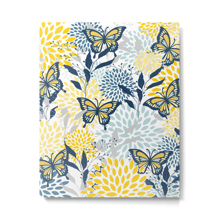 Floral and Butterflies Print, Blue and Yellow Metal Print Gallery Image 1