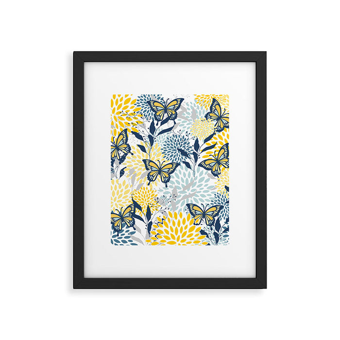 Floral and Butterflies Print, Blue and Yellow Framed Art Print Gallery Image 1