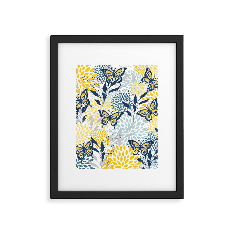 Floral and Butterflies Print, Blue and Yellow Framed Art Print Gallery Image 6