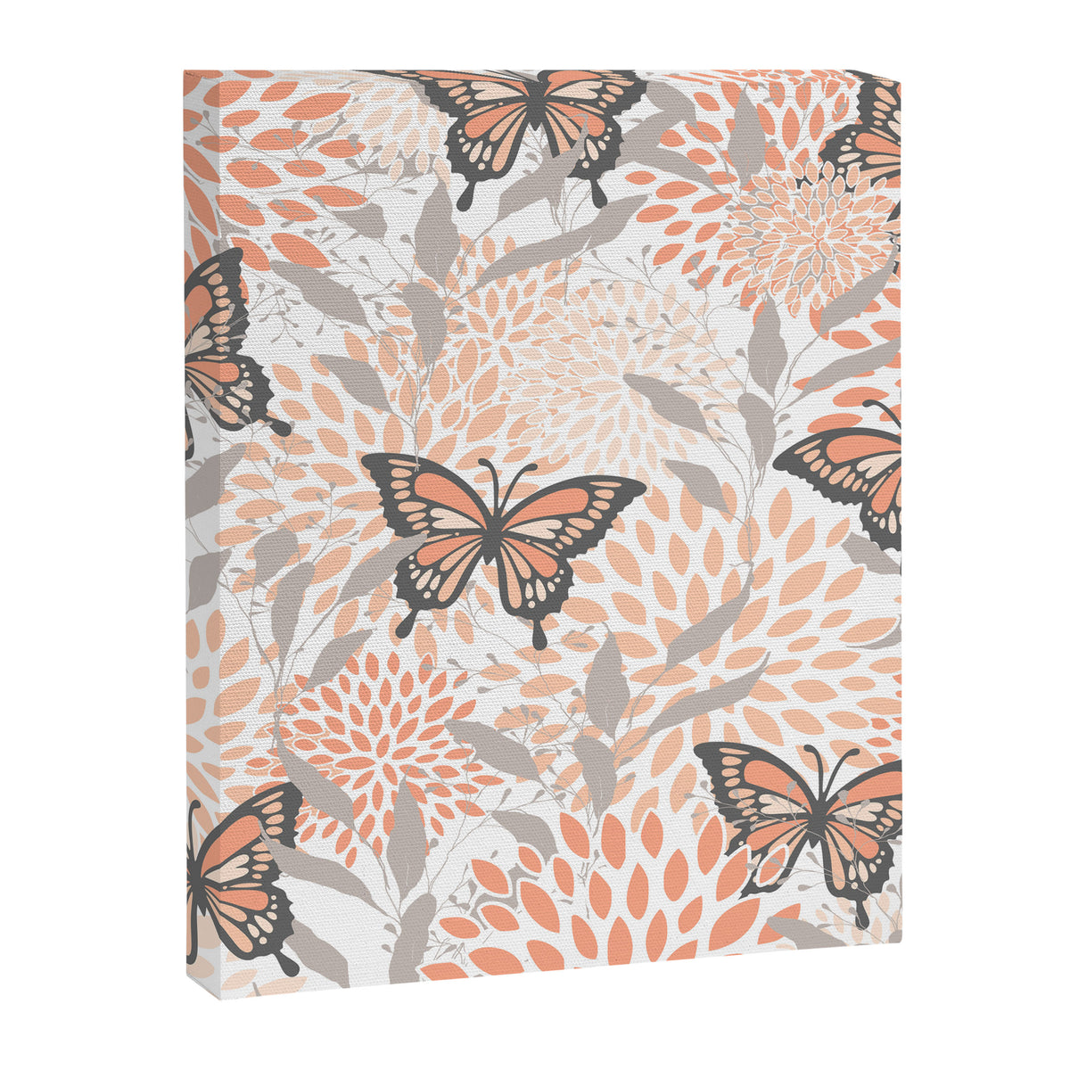 Floral and Butterflies Print, Gray, Coral, Peach Canvas Print Gallery Image 8