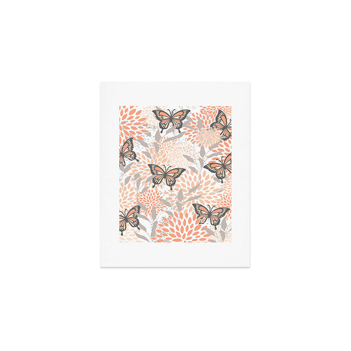 Floral and Butterflies Print, Gray, Coral, Peach Art Print Gallery Image 1