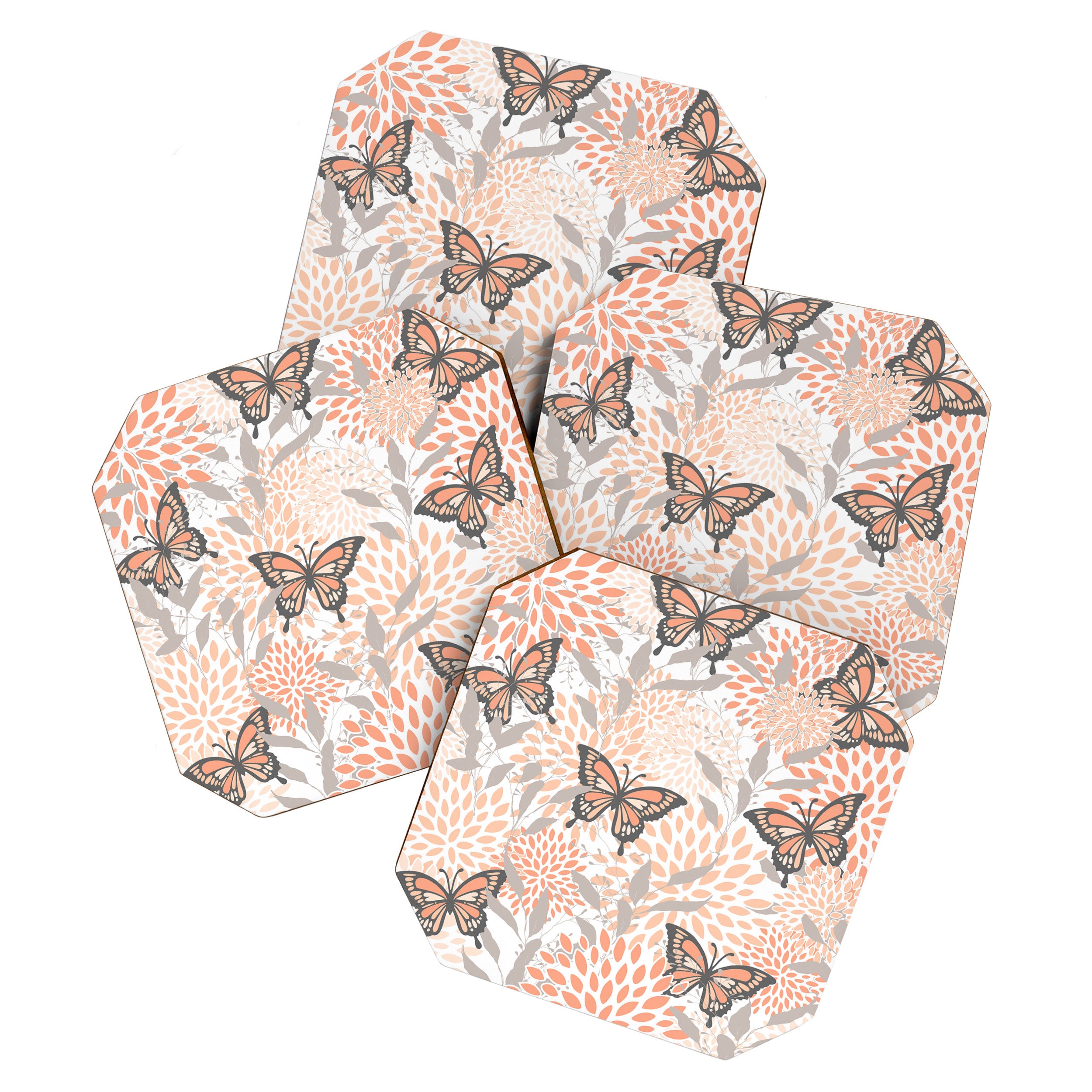 Floral and Butterflies Print, Gray, Coral, Peach Coaster Gallery Image 1