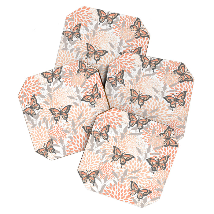 Floral and Butterflies Print, Gray, Coral, Peach Coaster Gallery Image 1