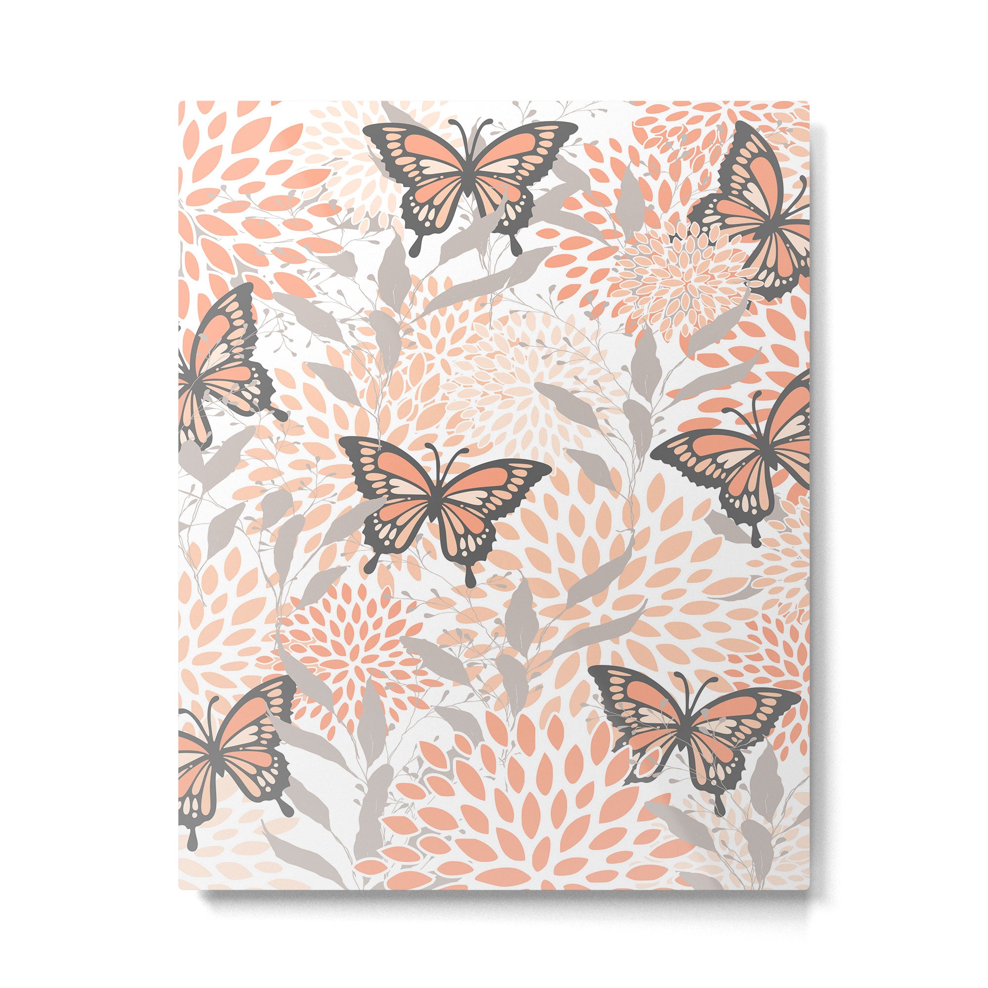 Floral and Butterflies Print, Gray, Coral, Peach Metal Print Gallery Image 6