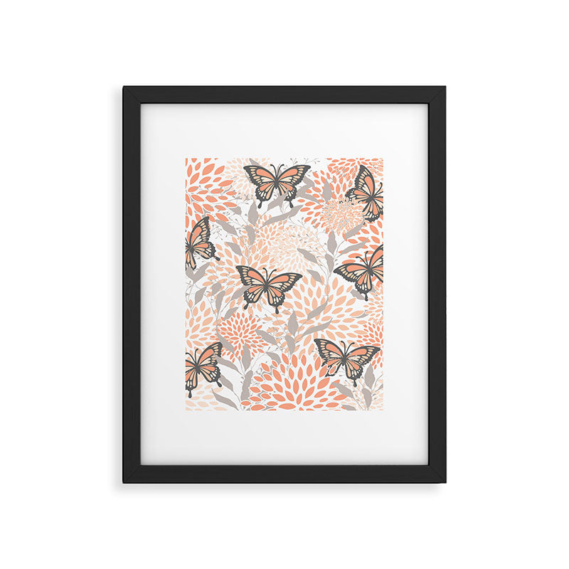 Floral and Butterflies Print, Gray, Coral, Peach Framed Art Print Gallery Image 4